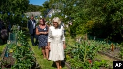 Camilla, Duchess of Cornwall meninjau taman komunitas saat berada di Treverbyn Community Hall, St Austell, barat daya Inggris, Selasa 21 Juli 2020. (Arthur Edwards/Pool via AP)