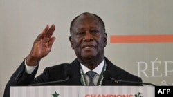 FILE —Ivory Coast's president Alassane Ouattara, gestures as he delivers a speach during a presidential reception at the presidential palace in Abidjan on Febuary 13, 2024 after Ivory Coast won the Africa Cup of Nations (CAN) 2024 final against Nigeria. 