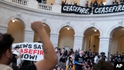 Demonstrators protest inside the Cannon House Office Building on Capitol Hill in Washington
