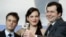 From left, director Sebastian Lelio, actress Daniela Vega and writer Gonzalo Maza pose for the photographers with their Best Screenplay silver bear for the film "A Fantastic Woman" during the award winners press conference at the 2017 Berlin International