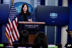 FILE - White House deputy national security adviser Anne Neuberger speaks during a press briefing, Feb. 17, 2021, in Washington.