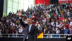 Obama selesai berpidato di Safaricom Indoor Arena, Minggu, 26 Juli 2015.