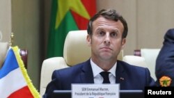 French President Emmanuel Macron takes part in a working session with leaders of the G5 Sahel West African countries during the G5 Sahel summit in Nouakchott, Mauritania June 30, 2020.