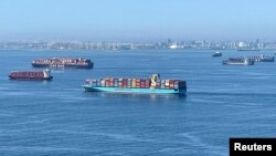 FILE - Container ships wait off the coast of the congested Ports of Los Angeles and Long Beach in Long Beach, California, Oct. 1, 2021. 