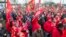 Metalworkers demonstrate in Schweinfurt, southern Germany, Tuesday, Jan. 9, 2018. Germany’s largest industrial union pressed its demands for pay rises and the possibility for reduced work hours for its 3.9 million members with renewed short-term strikes Tuesday, saying the economy’s steady growth justifies better compensation and conditions.