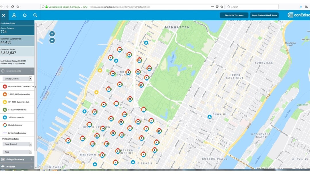 This screen grab of Consolidated Edison’s webpage shows the number of power outages on the West Side of Manhattan, July 13, 2019.