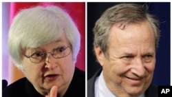 FILE - A combination of photos shows current Treasury Secretary Janet Yellen, left, and former Treasury Secretary Lawrence Summers.