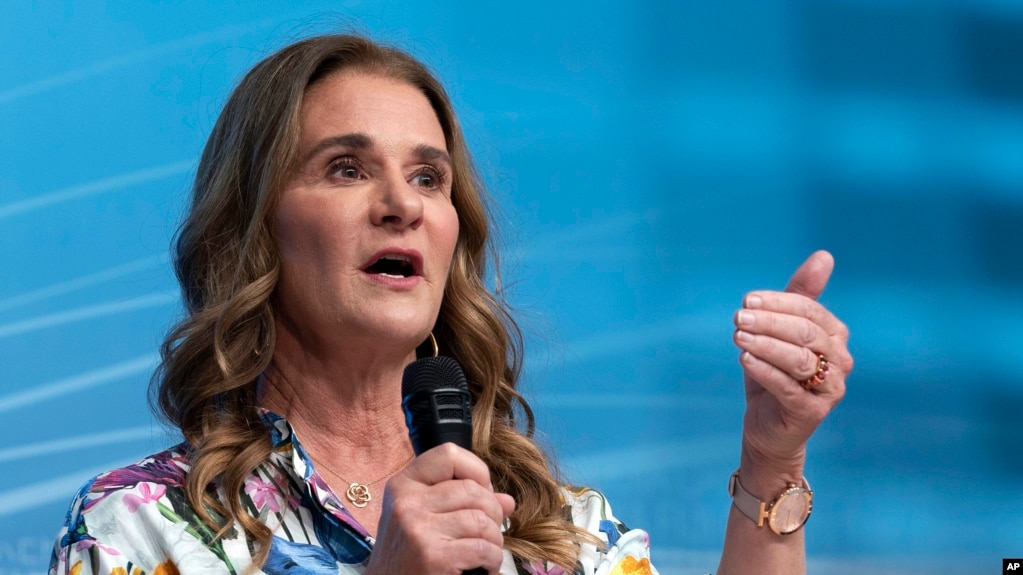 FILE - Co-chair of the Bill & Melinda Gates Foundation Melinda French Gates speaks at the forum Empowering Women as Entrepreneurs and Leaders during the World Bank/IMF Spring Meetings in Washington, on April 13, 2023. (AP Photo/Jose Luis Magana, File)