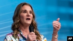 FILE - Melinda French Gates speaks at the forum Empowering Women as Entrepreneurs and Leaders during the World Bank/IMF Spring Meetings at the International Monetary Fund (IMF) headquarters in Washington, on April 13, 2023.