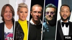 Fom left, Kieth Urban, Pink, Chris Martin, Bono, and John Legend