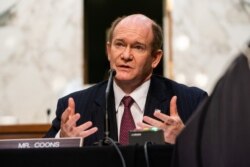 FILE - Senator Chris Coons (D-Del.) speaks during a Senate Judiciary Committee hearing on Capitol Hill in Washington, Feb. 22, 2021.