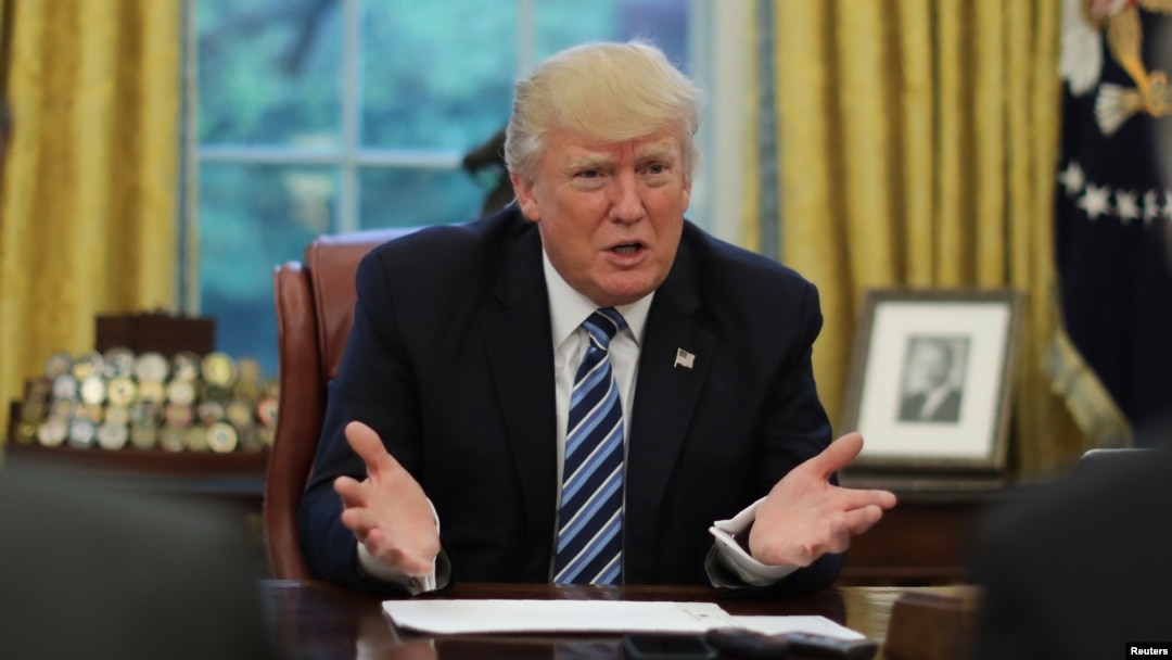 U.S. President Donald Trump speaks during an interview with Reuters in the Oval Office of the White House in Washington, April 27, 2017. 