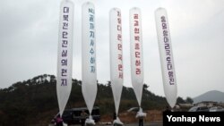 지난달 25일 한국 김포시의 한 야산에서 탈북자 단체 소속 회원들이 대북 전단 20만장을 북쪽을 향해 뛰워보냈다. (자료사진)