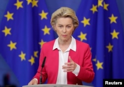 European Commission President Ursula von der Leyen talks to the press after the college of EU commissioners in Brussels, Belgium, Sept. 23, 2020.