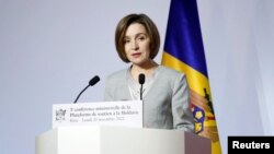 FILE - Moldovan President Maia Sandu speaks during a conference in Paris, France, Nov. 21, 2022. 