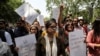 Jagisha Arora, wife of Prashant Kanojia, a journalist who was arrested for allegedly tweeting defamatory content against Uttar Pradesh's Chief Minister Yogi Adityanath, takes part in a protest with media members in New Delhi, India, June 10, 2019. 