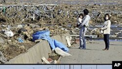 This combination of pictures shows local residents looking at a tsunami-hit area of Minamisoma, Fukushima Prefecture on March 12, 2011 (top) and the same area on January 11, 2012 (bottom). 