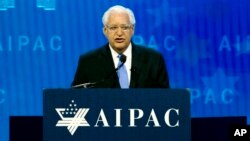 Duta Besar AS untuk Israel, David Friedman berbicara pada konferensi kebijakan American Israel Public Affairs Committee (AIPAC) 2018, di Washington Convention Center, 6 Maret 2018. (Foto AP / Jose Luis Magana)