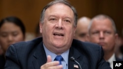 Menlu AS Mike Pompeo memberikan keterangan dalam sidang dengar pendapat Komite Hubungan Luar Negeri Senat AS (foto: dok). 