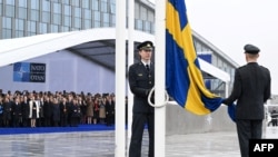 Офіційні особи піднімають національний прапор Швеції на стовпі під час церемонії підняття прапора на честь вступу Швеції до НАТО в штаб-квартирі Північноатлантичного альянсу в Брюсселі, 11 березня 2024 року. (Фото: Джон Тіс/AFP)