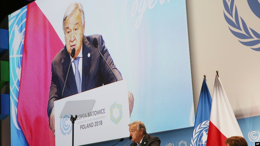 U.N. Secretary General Antonio Guterres delivers a speech WLduring the opening of COP24 UN Climate Change Conference 2018 in Katowice, Poland, Dec. 3, 2018.