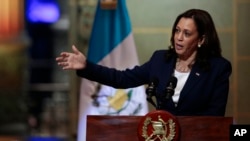 Vice President Kamala Harris speaks during a news conference at the National Palace in Guatemala City, June 7, 2021.