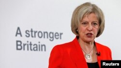 Britain's Home Secretary Theresa May speaks at a news conference in London, March 23, 2015.