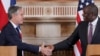 U.S. Secretary of State Antony Blinken and Britain's Foreign Secretary David Lammy shake hands at the end of their joint press conference in the Locarno room at the Foreign, Commonwealth and Development Office in London, Britain, Sept. 10, 2024.