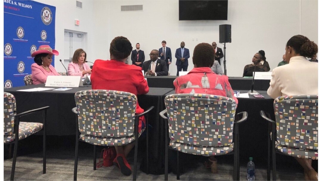 House Speaker Nancy Pelosi and Congresswoman Frederica Wilson participate in a round table discussion with the Haitian diaspora in Little Haiti, Miami, Florida, Oct. 3, 2019. (Photo: @SpeakerPelosi Twitter)