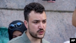 FILE - Student negotiator Mahmoud Khalil on the Columbia University campus in New York at a pro-Palestinian protest encampment on April 29, 2024.