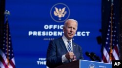 President-elect Joe Biden speaks Nov. 10, 2020, in Wilmington, Del. 