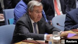 Secretary General of the United Nations Antonio Guterres addresses the Security Council at the United Nations Headquarters in New York, Aug. 29, 2018.