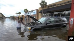 Seorang warga di Jacksonville, Florida berusaha menyelamatkan mobilnya setelah terendam banjir akibat badai Irma (11/9). 