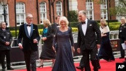 Camilla Duchess of Cornwall arrives at the Olivier Awards in London, Sunday, April 7, 2019.
