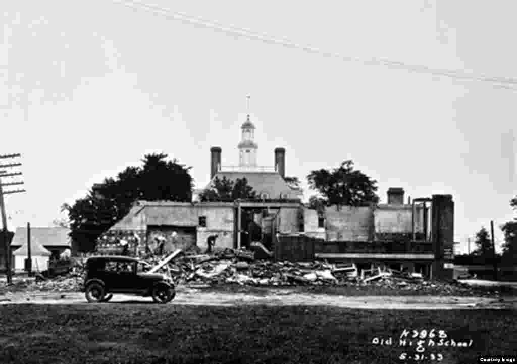 A school was demolished to make way for the reconstruction of the Governor's Palace in the early 1930s. (Photo courtesy The Colonial Williamsburg Foundation) 