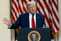 U.S. President Donald Trump speaks about the coronavirus in the Rose Garden of the White House, on April 27, 2020, in Washington, D.C.