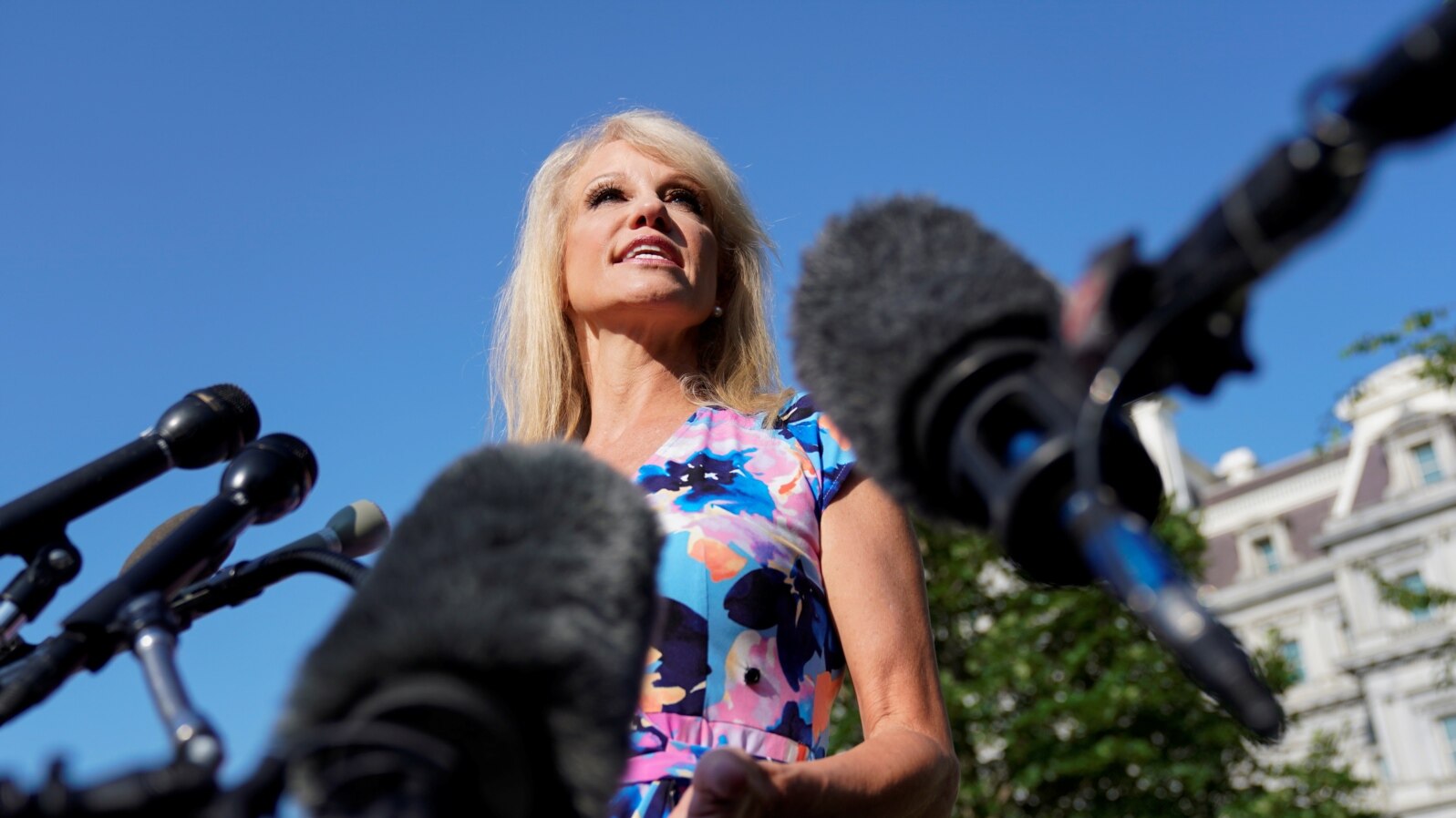 White House adviser Kellyanne Conway speaks to reporters at the White House in Washington, July 9, 2019. 