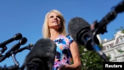 White House adviser Kellyanne Conway speaks to reporters at the White House in Washington, July 9, 2019. 