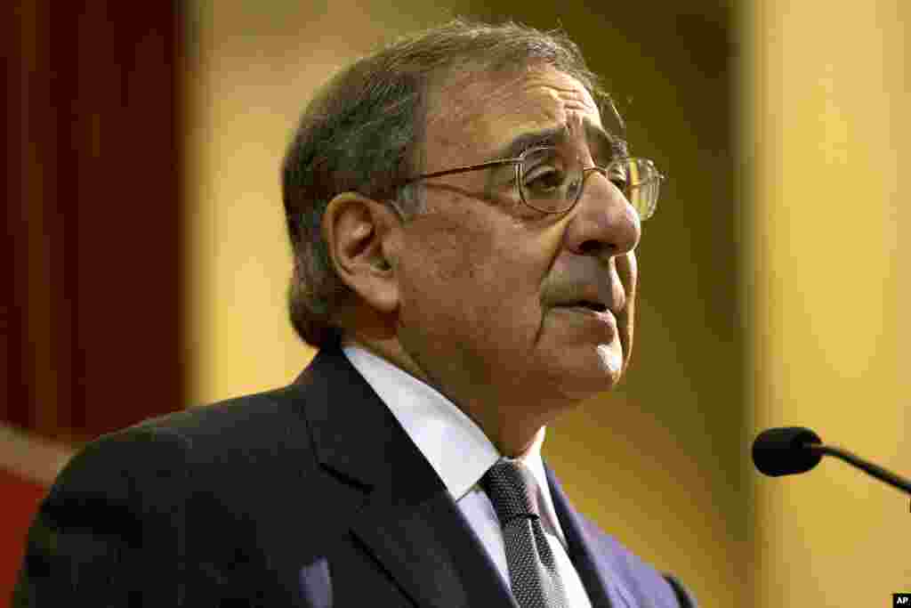U.S. Defense Secretary Leon Panetta speaks about the situation in Algeria, at the start of his remarks during a visit to King's College in London on Friday, Jan. 18, 2013, saying there will be "no quarter for terrorists in North Africa." (AP Photo/Jacquelyn Martin)