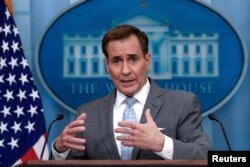 John Kirby, Koordinator Dewan Keamanan Nasional untuk Komunikasi Strategis AS, berbicara kepada wartawan dalam konferensi pers di Gedung Putih di Washington, AS, 2 April 2024. (REUTERS/Evelyn Hockstein)