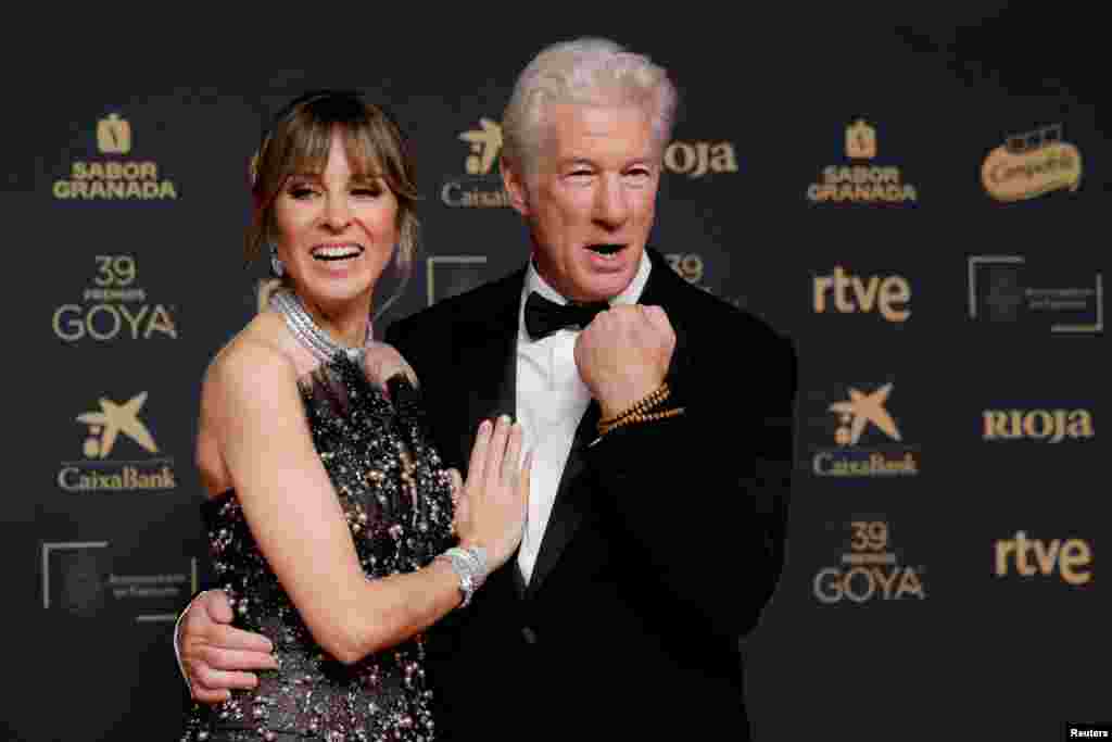 American actor Richard Gere and his wife Alejandra Silva pose on the red carpet at the Spanish Film Academy&#39;s Goya Awards ceremony in Granada, Spain, Feb. 8, 2025.