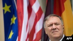 In this file photo taken on May 31, 2019, Secretary of State Mike Pompeo addresses a joint press conference with the German Foreign Minister after a meeting at Villa Borsig in north Berlin.
