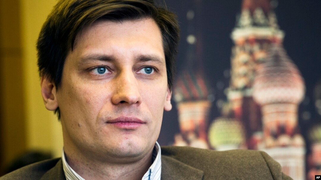 FILE - Dmitry Gudkov, the only opposition member in Russia’s parliament, poses in State Duma, lower parliament chamber, in Moscow, Russia, Feb. 10, 2016.