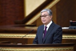 FILE - Then-acting President of Kazakhstan Kassym-Jomart Tokayev delivers a speech in Astana, Kazakhstan, March 20, 2019.