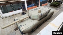 An inflatable decoy of a military vehicle is displayed during a media presentation in Decin, Czech Republic, March 6, 2023. 