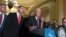 FILE - Senate Republican Majority Leader Mitch McConnell, center, joined by Republican colleagues, holds a news conference on Capitol Hill, in Washington, Aug. 1, 2017.