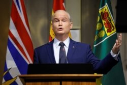 FILE - Canada's Conservative Party leader Erin O'Toole speaks during a conservative caucus meeting in Ottawa, Ontario, Canada, June 23, 2021.