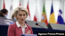 FILE - European Commission President Ursula von der Leyen delivers a speech during a plenary session at the European Parliament in Strasbourg, eastern France, Oct. 20, 2021.