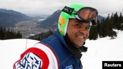 Haitian skier Jean-Pierre Roy smiles as he poses during a training session at the World Alpine skiing Championships in Garmisch Partenkirchen Feb. 11, 2011.