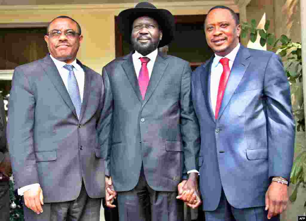 O Presidente do Sudão do Sul, Salva Kiir (no meio) posando para a fotografia com os seus homólogos da Etiópia, Hailemariam Desaleg (esquerda) e Quénia, Uhuru Kenyatta (direita), Dez. 26, 2013.